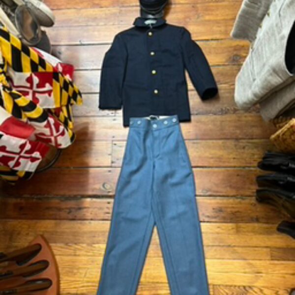 Child Union Uniform - Navy blue wool kepi, navy blue wool sack coat, wool sky blue trousers, cotton plaid shirt misc colors, and braces,